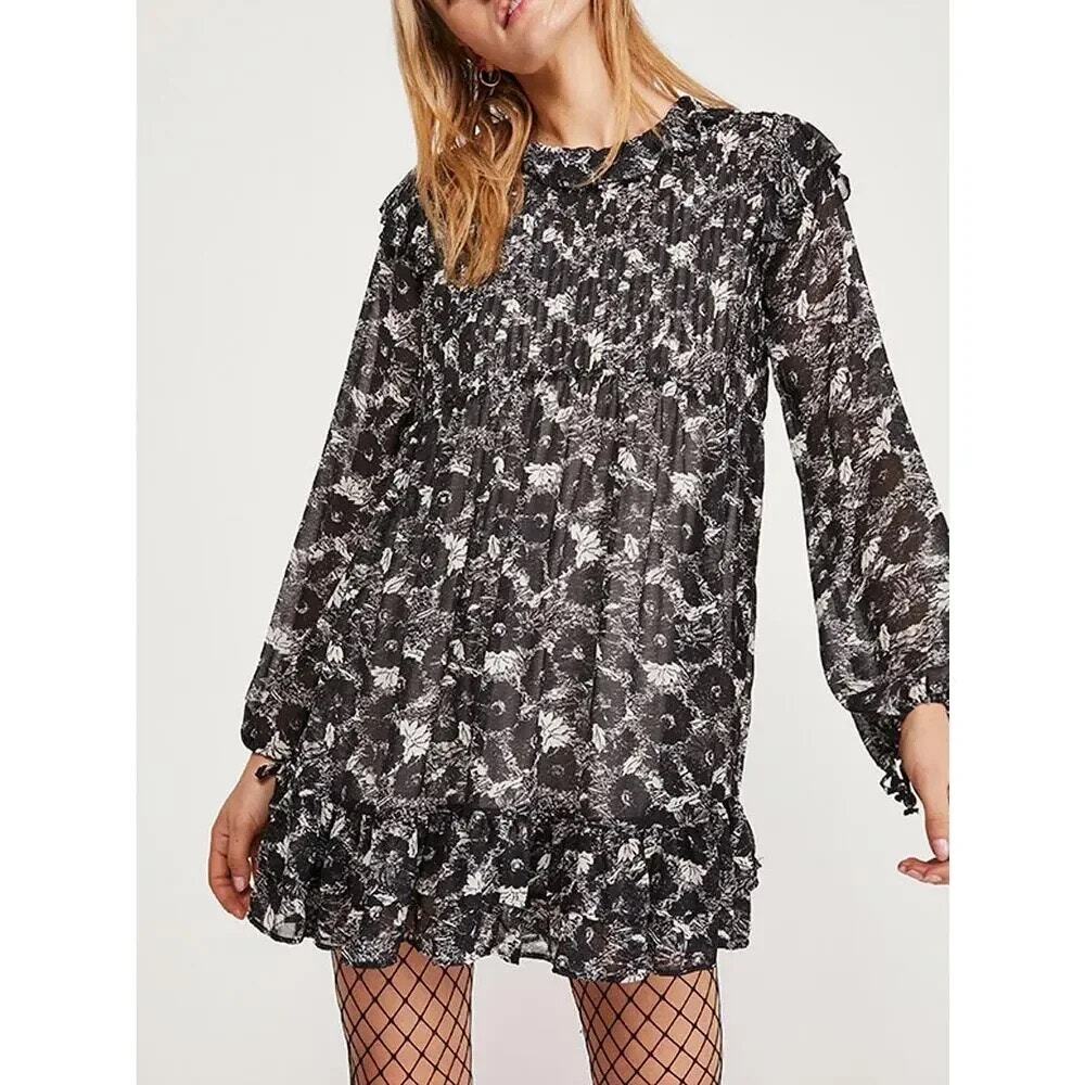 Free People Black Floral Print Semi Sheer Ruffled Mini Dress Size Small